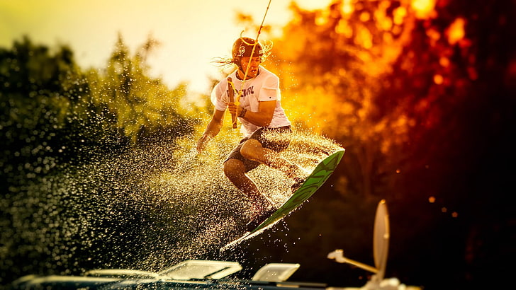 wakeboarding, nature, water, one person, plant, sunlight, tree