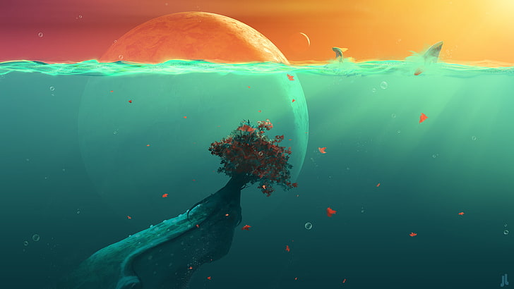 bleu body of water illustration, red tree under body of water illustration