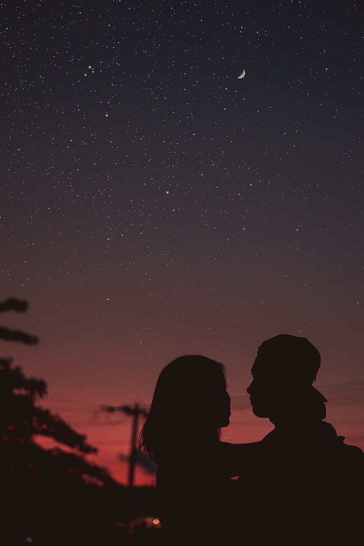silhouette of person, couple, silhouettes, hugs, night, starry sky, HD wallpaper