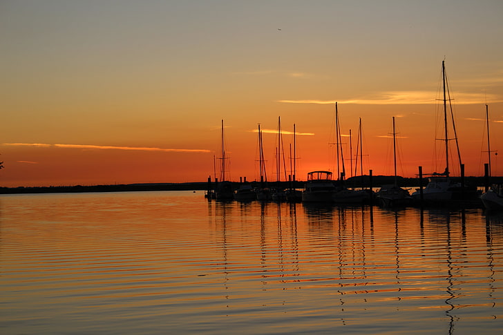 calm, nature, beach, sea, silhouette, boat, sunset, water, orange color, HD wallpaper