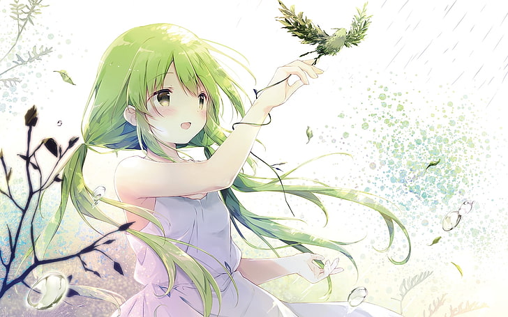 HD wallpaper: anime girl, green hair, smiling, white dress, summer, plant |  Wallpaper Flare