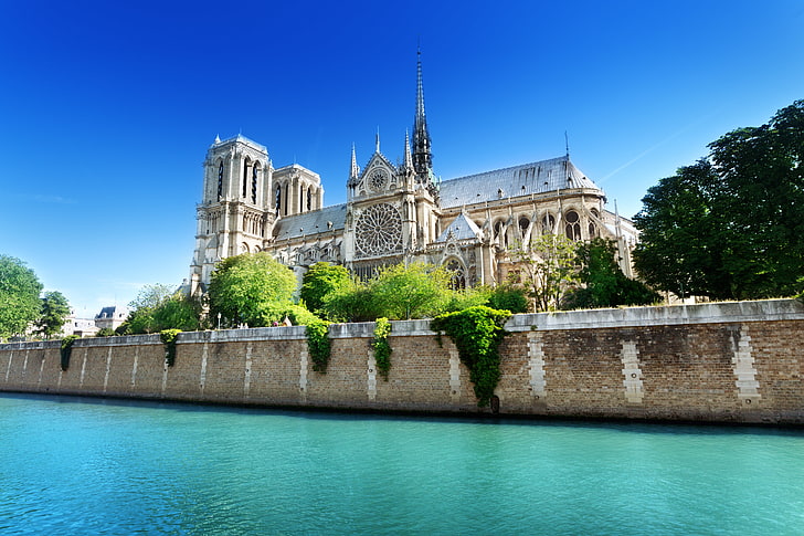 Notre Dame De Paris, Italy, greens, summer, water, trees, the city, HD wallpaper