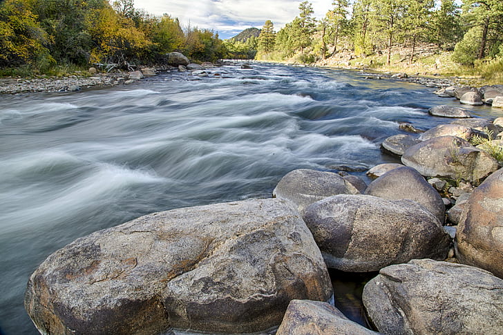 time lapse photo of river with stones during daytime, browns, browns, HD wallpaper