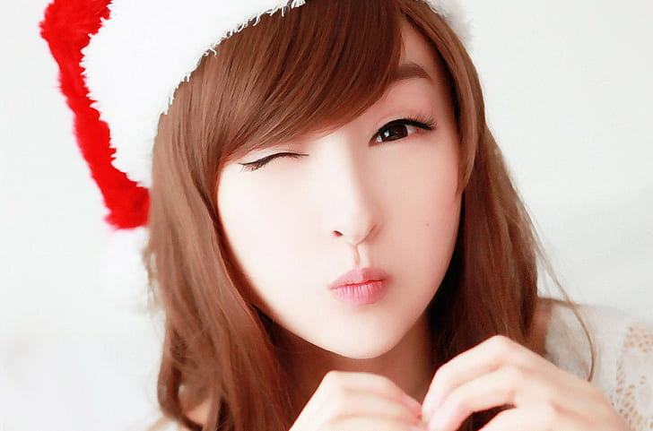 Asian, women, girl, lips, Santa hats, holidays, cute, HD wallpaper