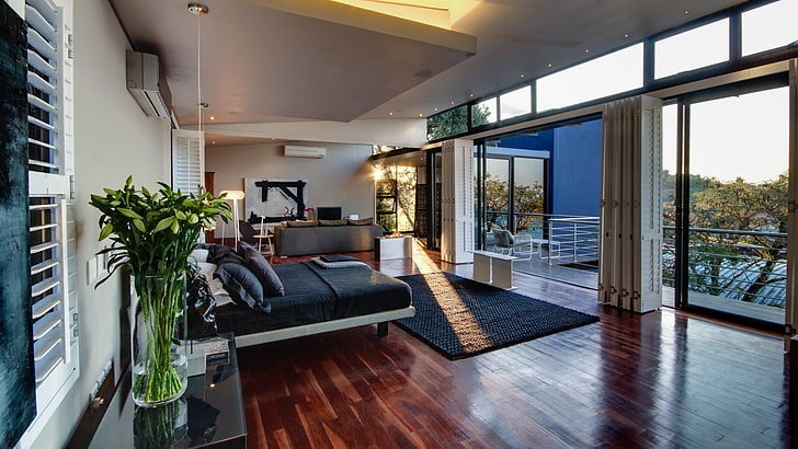 black area rug, interior design, bedroom, wooden surface, sunlight, HD wallpaper
