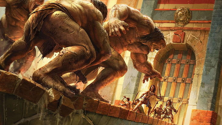 golems attacking a group of warriors illustration, fantasy art