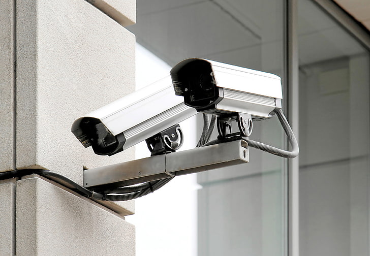 two grey security cameras, surveillance, steam, video, camera - Photographic Equipment