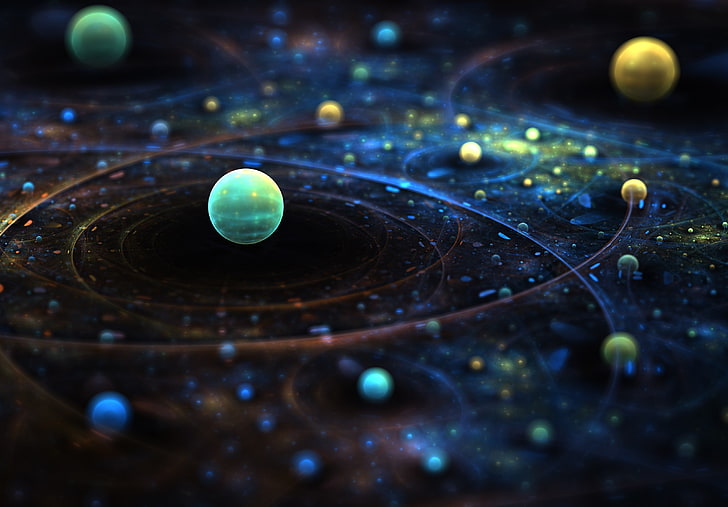 droplets above black surface, space, universe, digital art, planet