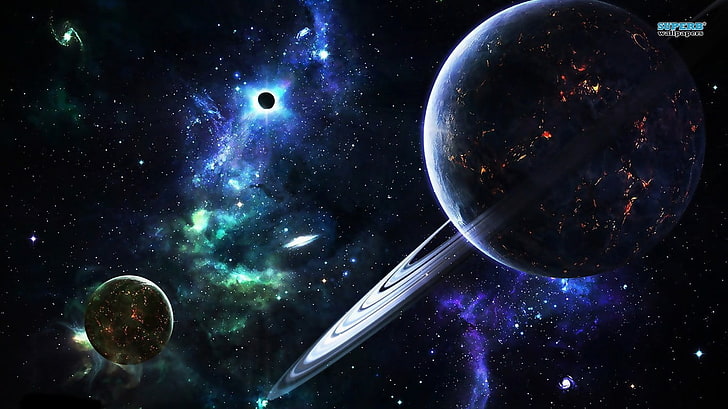 ringed planet, space, stars, planetary rings, space art, star - space, HD wallpaper