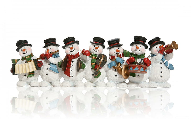 new year, christmas, snowmen, music, festival, seven snowman playing instruments poster, HD wallpaper