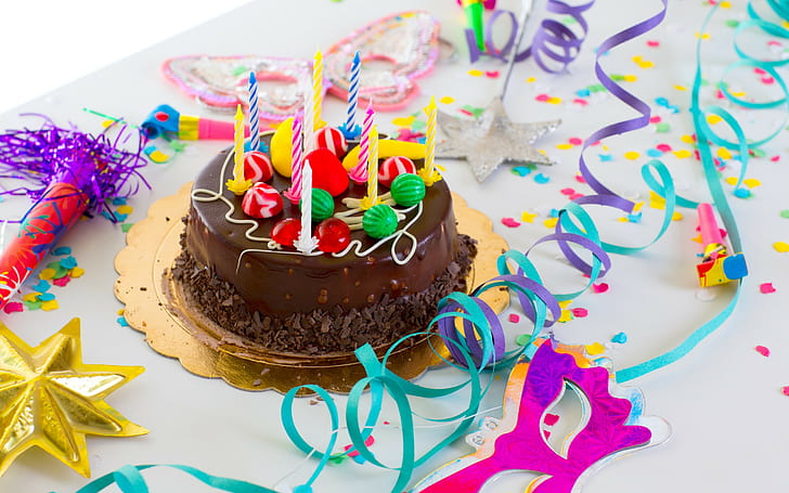 Happy Birthday, candles, cake, streamers, HD wallpaper