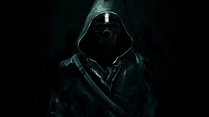 person wearing mask and hoodie digital wallpaper, dark, black