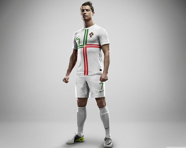 Cristiano Ronaldo, Real Madrid, Arms, Standing, Look, men's white red and green soccer jersey