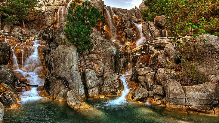 waterfall, nature, rock, tree, landscape, scenics - nature, HD wallpaper