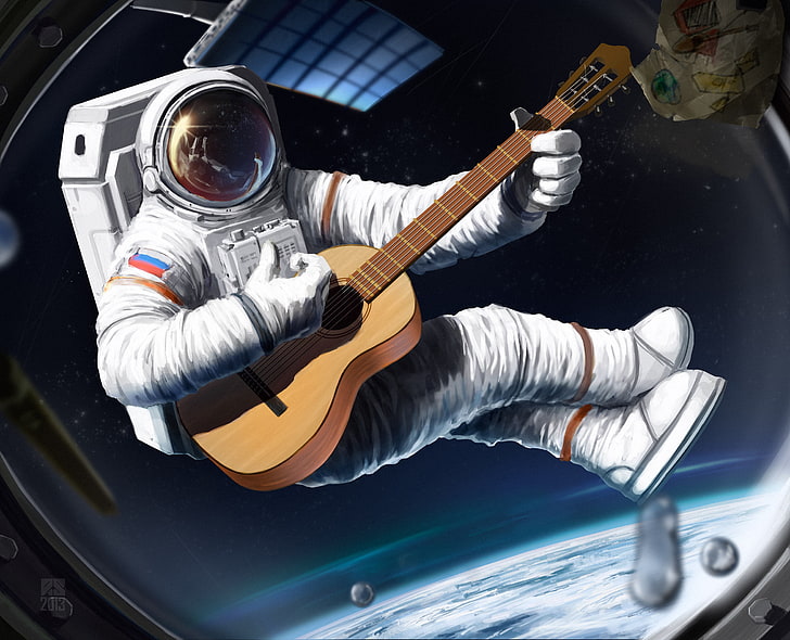 astronaut playing guitar digital wallpaper, space, ship, the suit