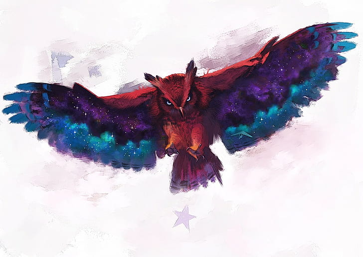 purple, red, and teal owl painting, digital art, multi colored