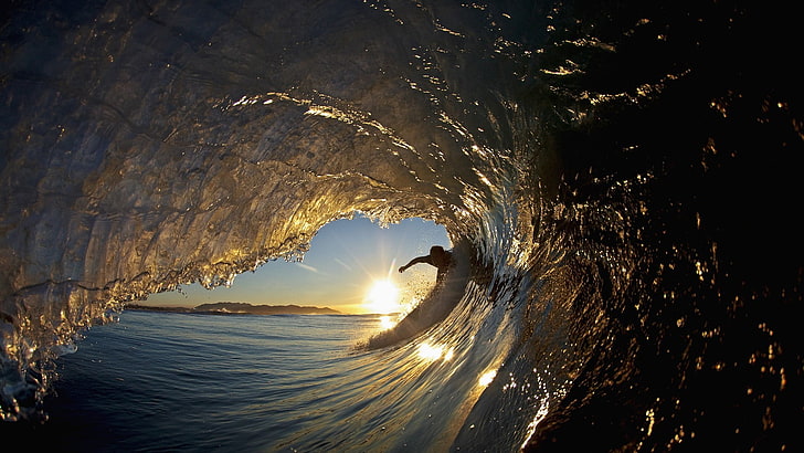 ocean wave, sunset, surfers, waves, surfing, water, reflection
