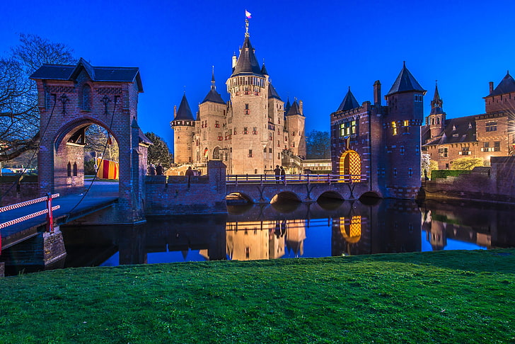 castle, architecture, ancient, tower, grass, Netherlands, bridge