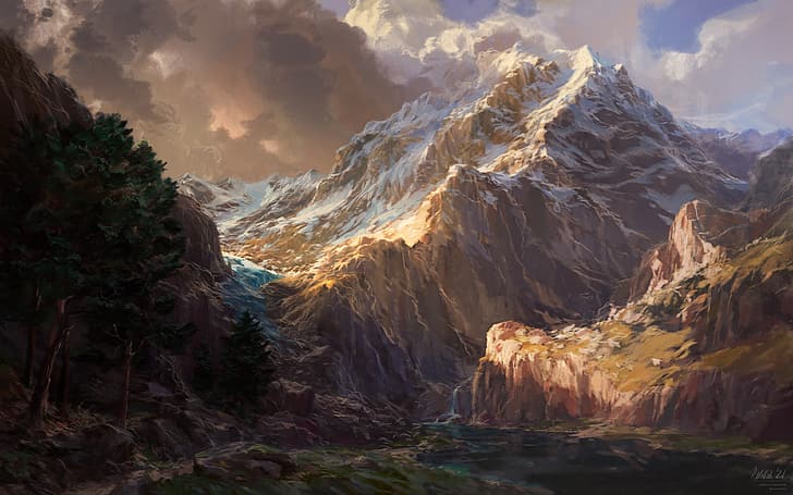 Philipp A. Ulrich, digital art, landscape, mountains, trees, HD wallpaper