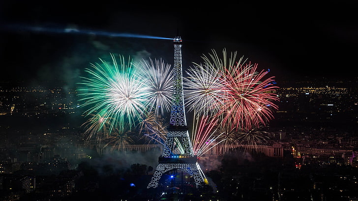 Eiffel Tower, Paris, city, firework, illuminated, night, event, HD wallpaper