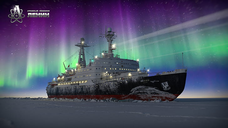 Winter, Night, Snow, Ice, Icebreaker, The ship, Polar Lights, HD wallpaper