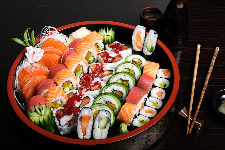 assorted sushi dish, fish, figure, rolls, seafood, cuts, japan, HD wallpaper