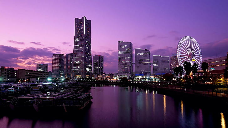 cityscape, Tokyo, ferris wheel, sunset, purple sky