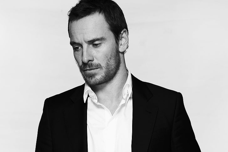 photo, actor, black and white, jacket, journal, Michael Fassbender, HD wallpaper