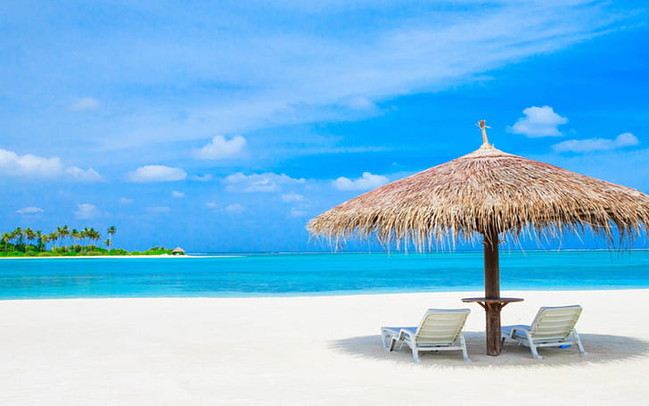 Maldives Indian Ocean Sun Loungers And Palm Trees Straw Umbrella Summer Wallpaper Hd 1920×1200