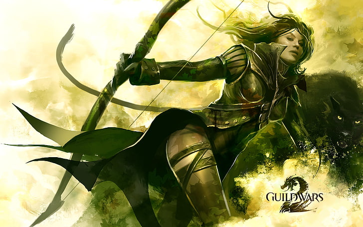 Guildwars character wallpaper, girl, Panther, warrior, bow, Guild Wars 2
