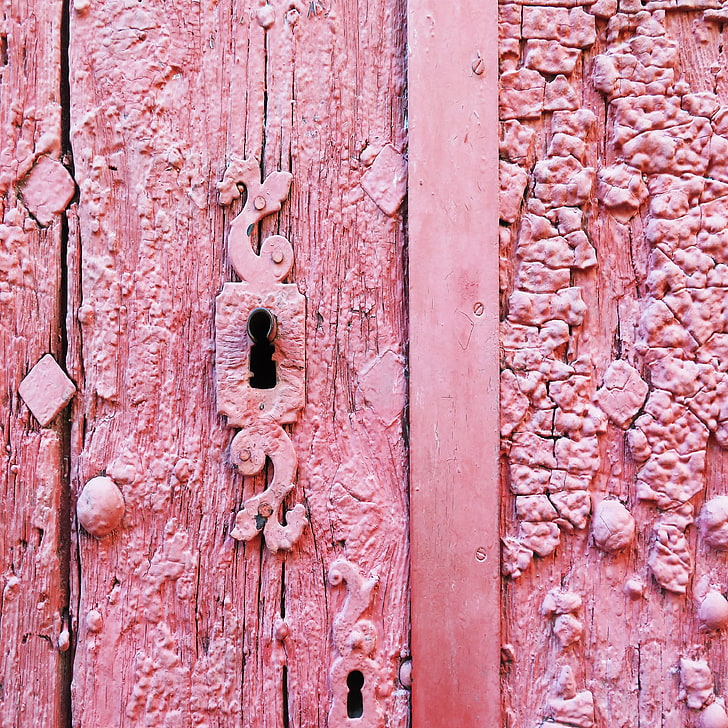 keyhole, door, pink, shabby, old, entrance, full frame, close-up