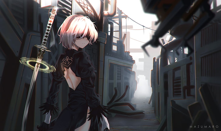 pink-haired female anime character with katana digital wallpaper