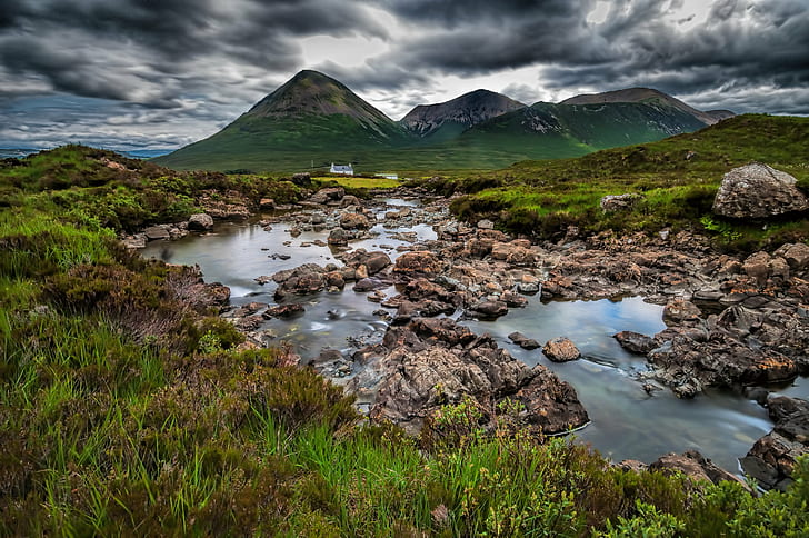 river between grassfield with mountain background, Allt, Skye, HD wallpaper