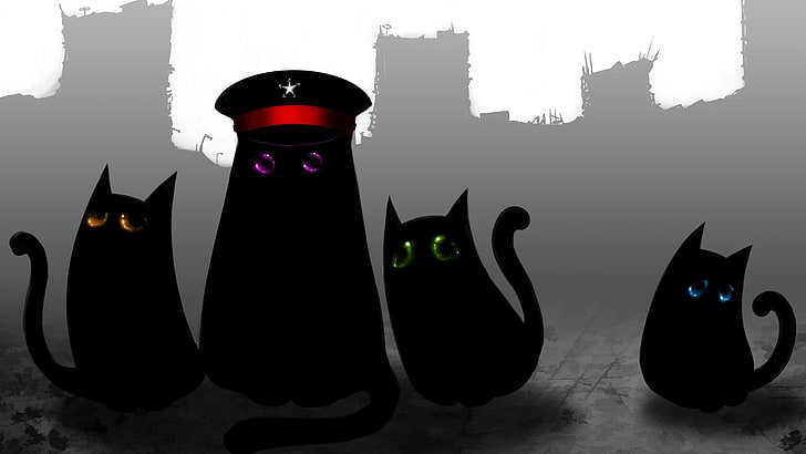 cat illustration, eyes, gray, black cats, animals, Romantically Apocalyptic