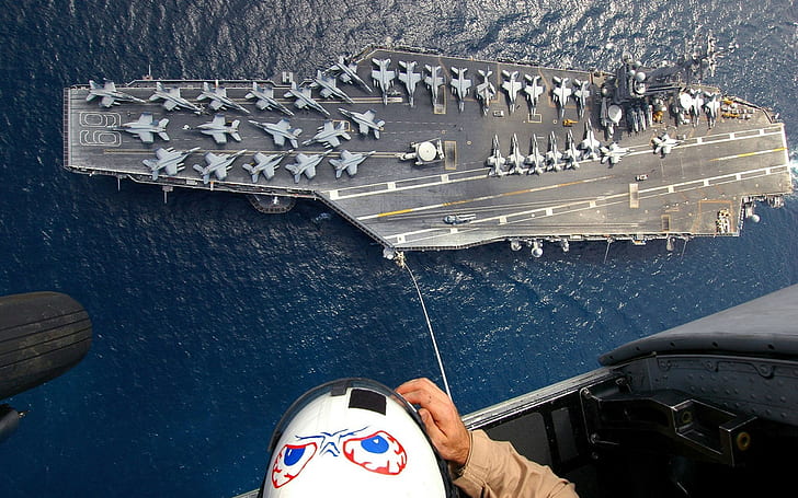 USS Dwight D. Eisenhower (CVN-69)   ship  FA-18 Hornet  aircraft carrier  birds eye view  aircraft  aerial view  navy  military, HD wallpaper