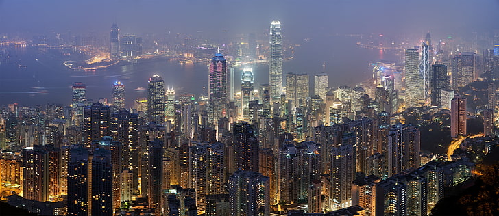 cityscape, Hong Kong, city lights, night, urban, skycrapers