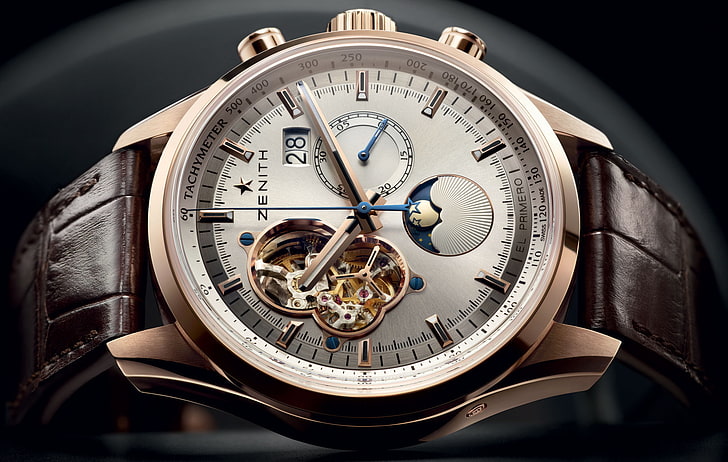 round silver Zenith chronograph watch, Moon, rose, gold, Sunphase, HD wallpaper