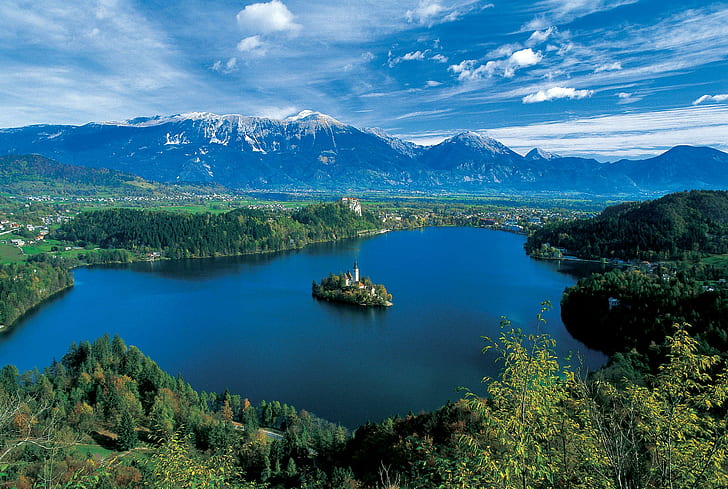 Lake Bled, towns, island, valley, mountains, nature, lakes, beautiful