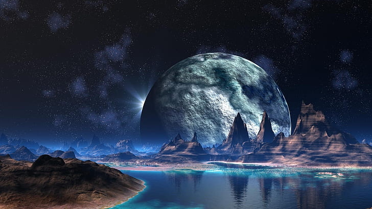planet, surface, sky, night, water, lake, fantasy landscape, HD wallpaper