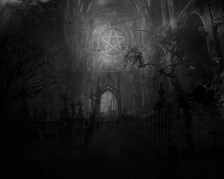 painting of cathedral, Dark, Occult, black And White, spooky