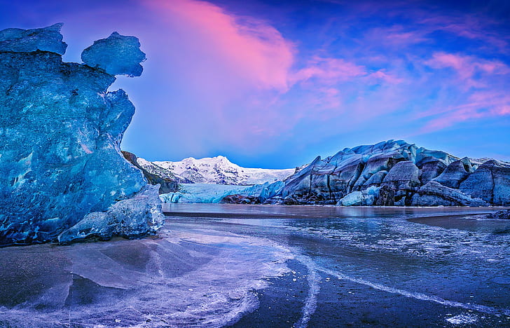 Vatnajökull Iceland glacier, water, mountains, sunset, Auster-Skaftafell Sysla, HD wallpaper
