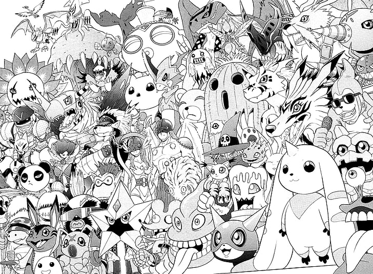 Digimon doodle art, Digimon Adventure, monochrome, anime, no people