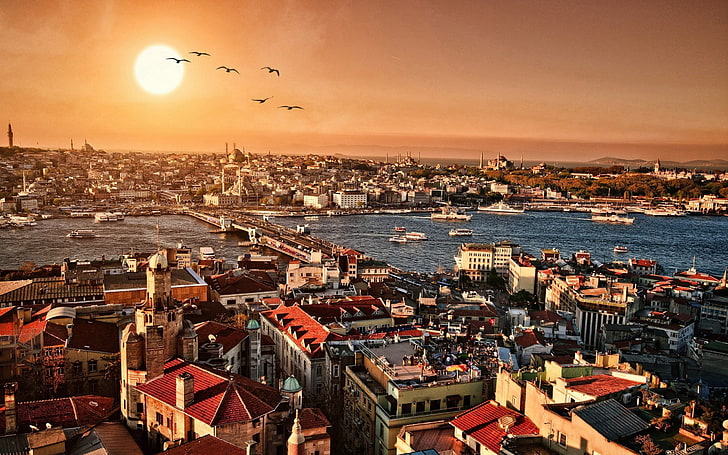 aerial view of city, cityscape, sunset, building, bridge, Istanbul, HD wallpaper