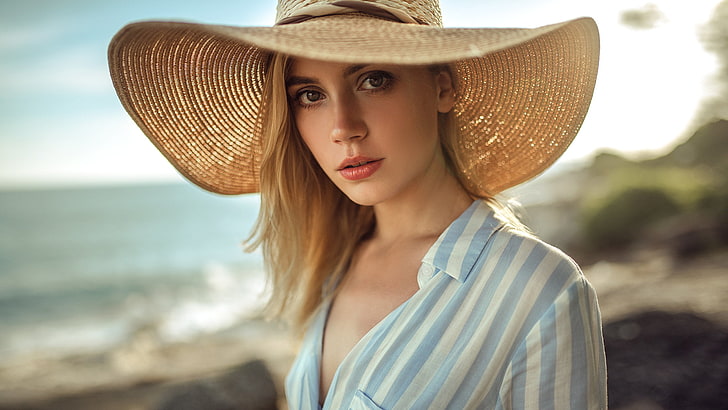 women's beige sun hat, Ksenia Kokoreva, blonde, portrait, shirt