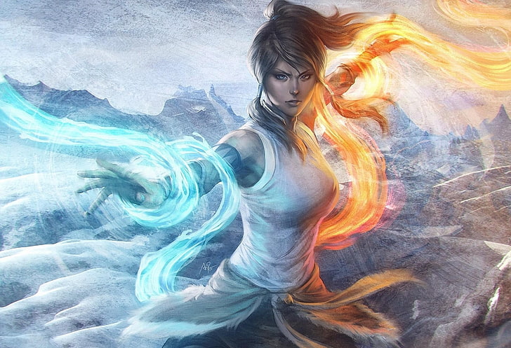 woman with fire and water ability painting, girl, flames, elements