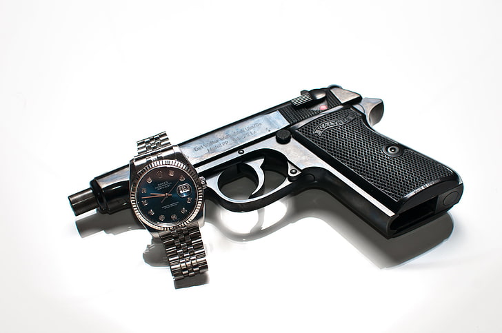 gun, weapons, watch, Walther, self-loading, Rolex, white background