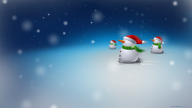 three Snoman illustration, Christmas, snowmen, skiing, blue, cold temperature, HD wallpaper
