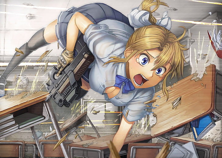 anime girls, school uniform, weapon, FN P90, human representation, HD wallpaper