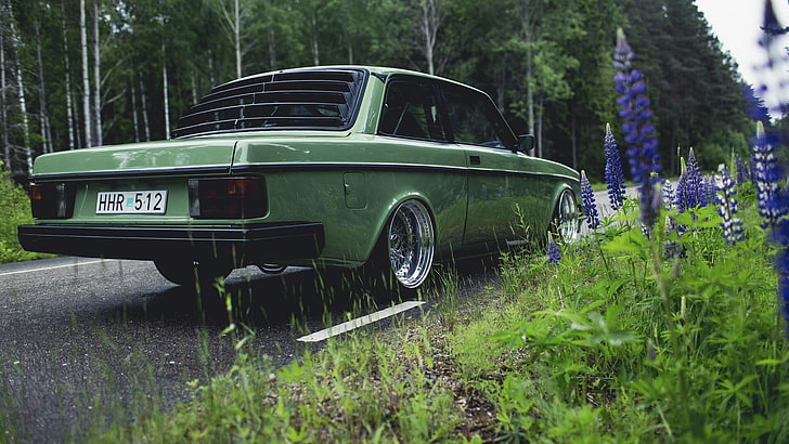 green coupe, Volvo, car, road, nature, Volvo 240, green cars