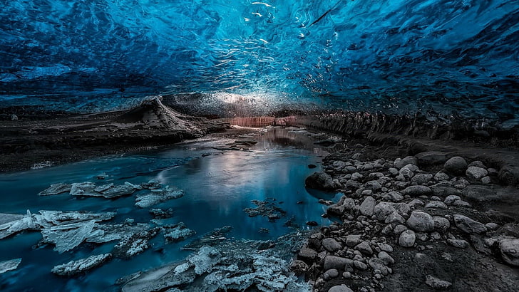 water, glacier, ice cave, sea cave, formation, geological phenomenon, HD wallpaper
